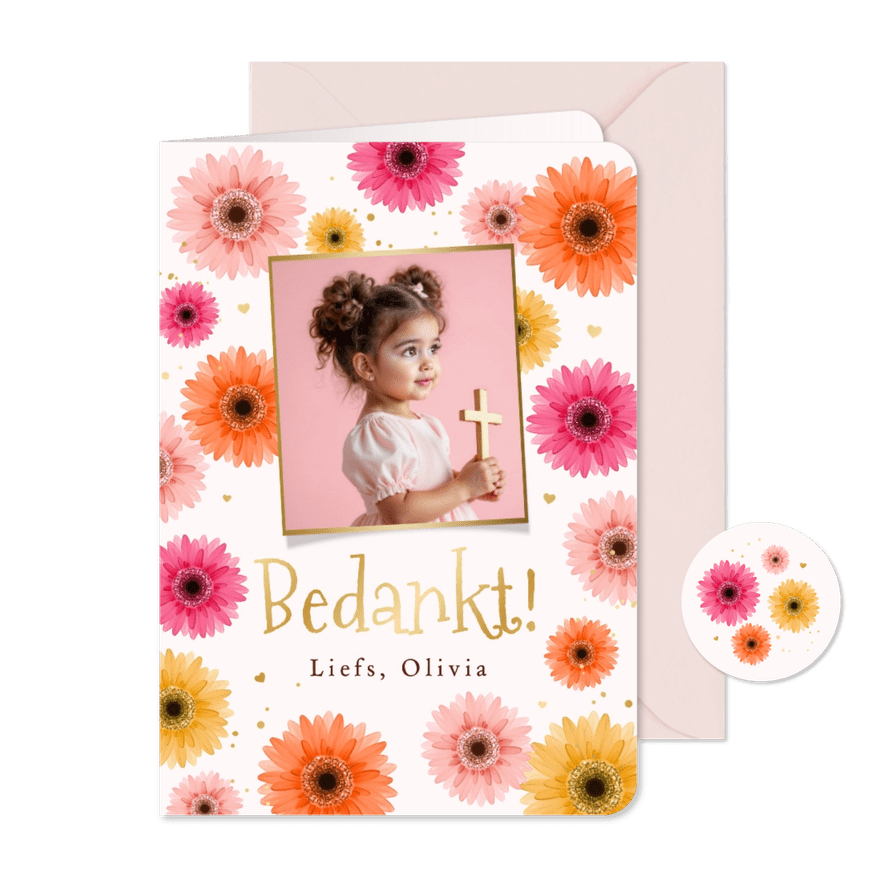 Communiekaart bedankt gerbera bloemen kleurrijk goud foto - Kaartimpressie