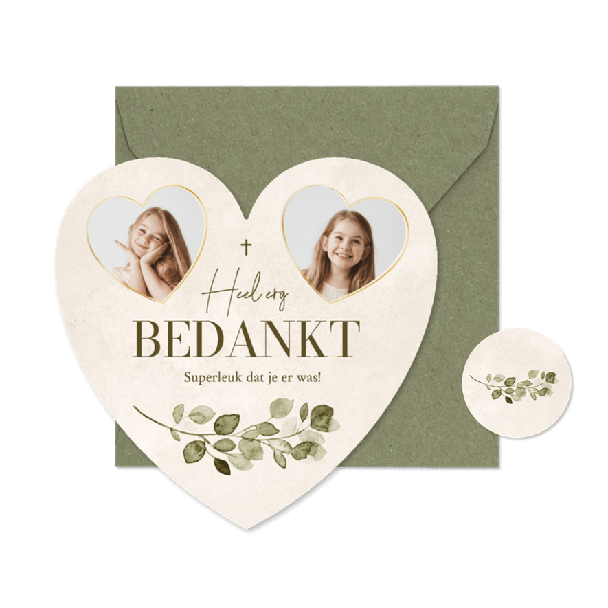 Communiekaart bedankt hartvorm foto's waterverf beige - Kaartimpressie