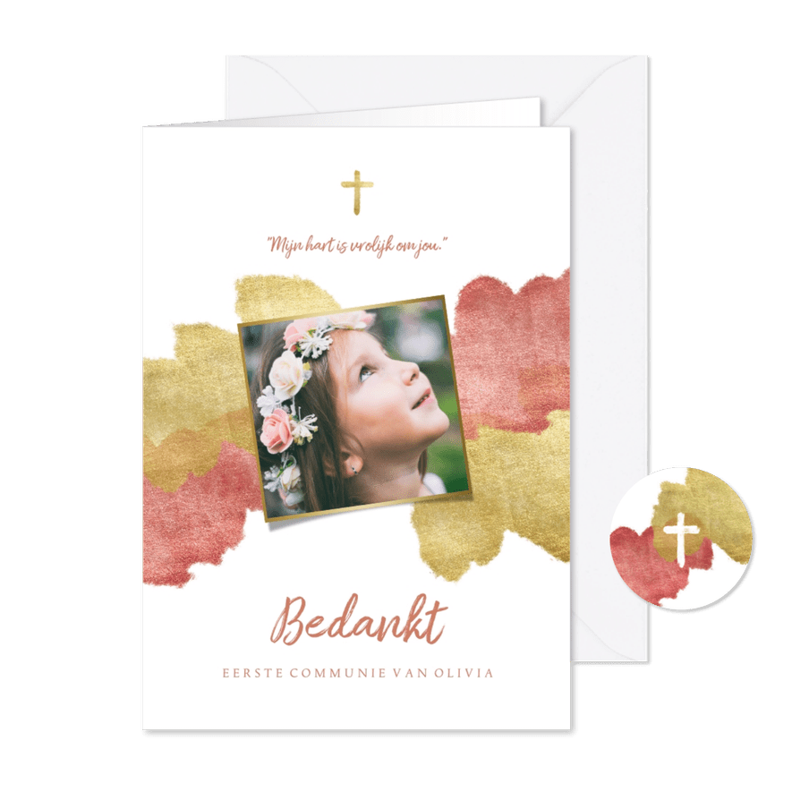 Communiekaart bedankt roze aquarel metallic - Kaartimpressie