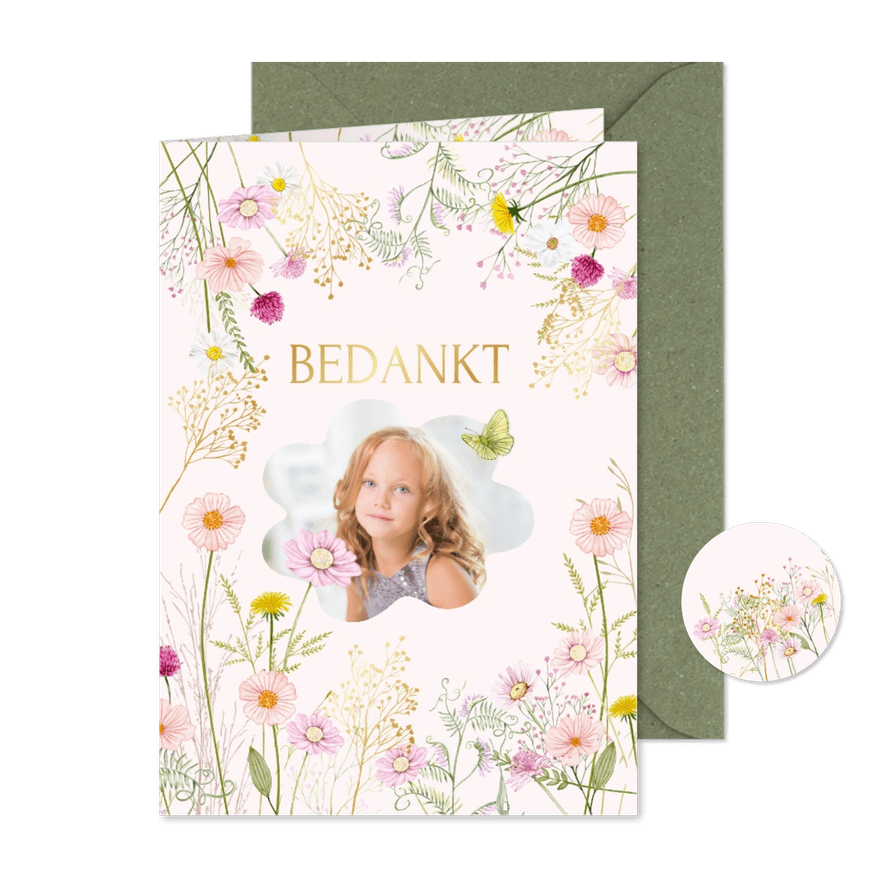 Communiekaart bedankt veldbloemen vlinder - Kaartimpressie