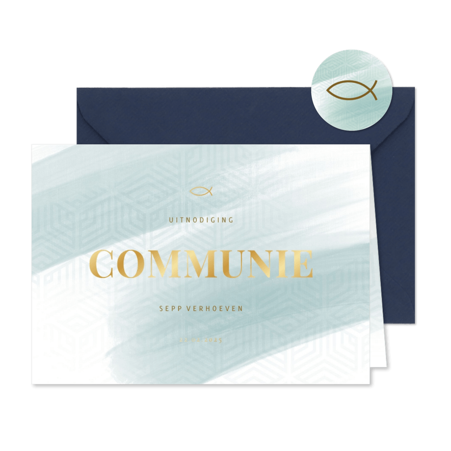 Communiekaart blauwe waterverf met grafisch patroon - Kaartimpressie