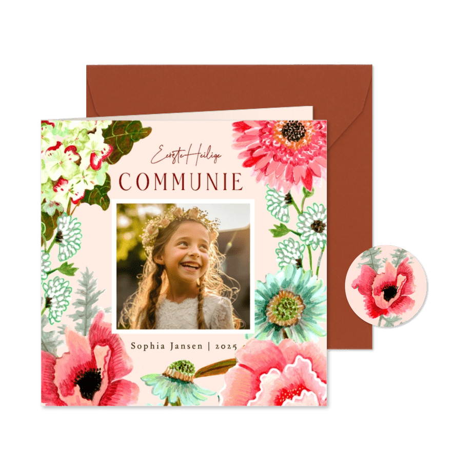 Communiekaart bloemen op helder blauwe achtergrond - Kaartimpressie