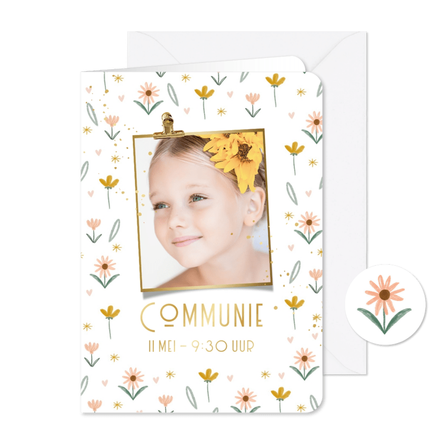 Communiekaart bloemenveld sterretjes hartjes goudfolie - Kaartimpressie