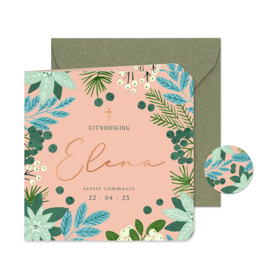 Communiekaart botanisch met naam en bladeren - Kaartimpressie