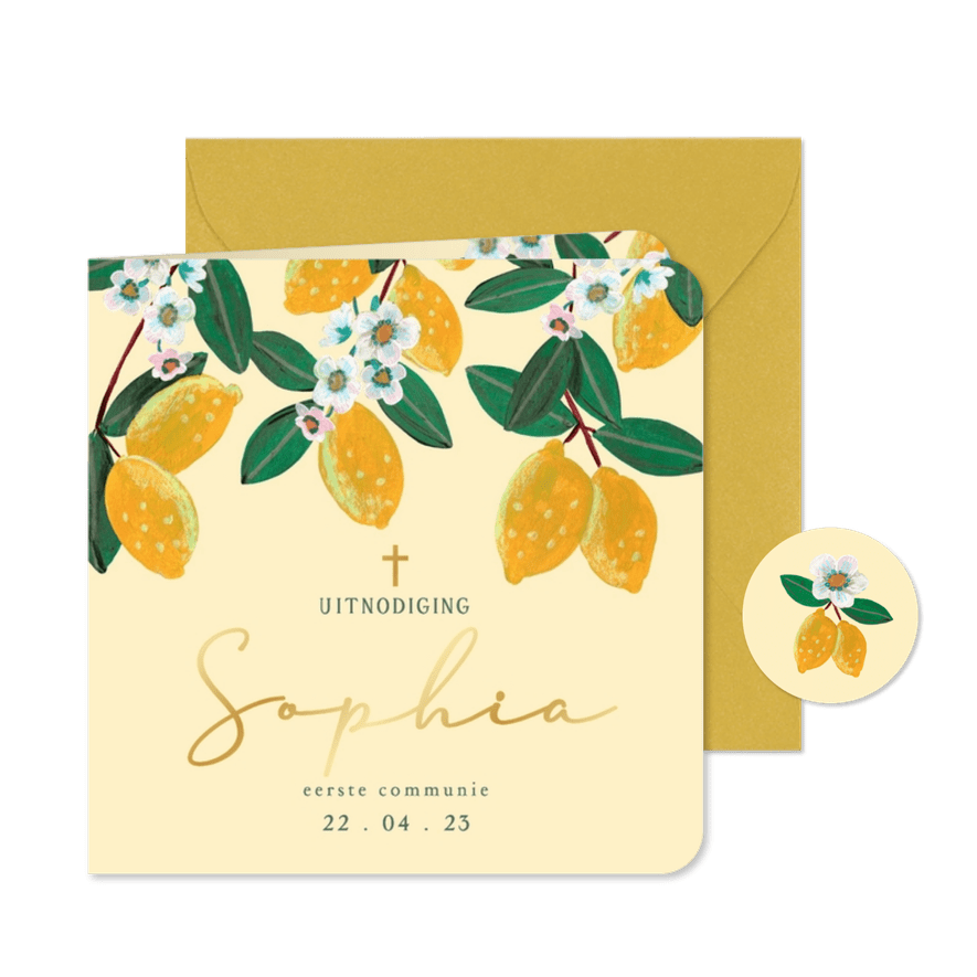 Communiekaart citroen met bloemen en naam - Kaartimpressie