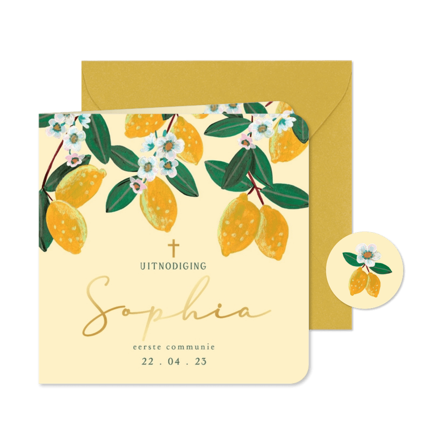 Communiekaart citroenen en bloemen - Kaartimpressie