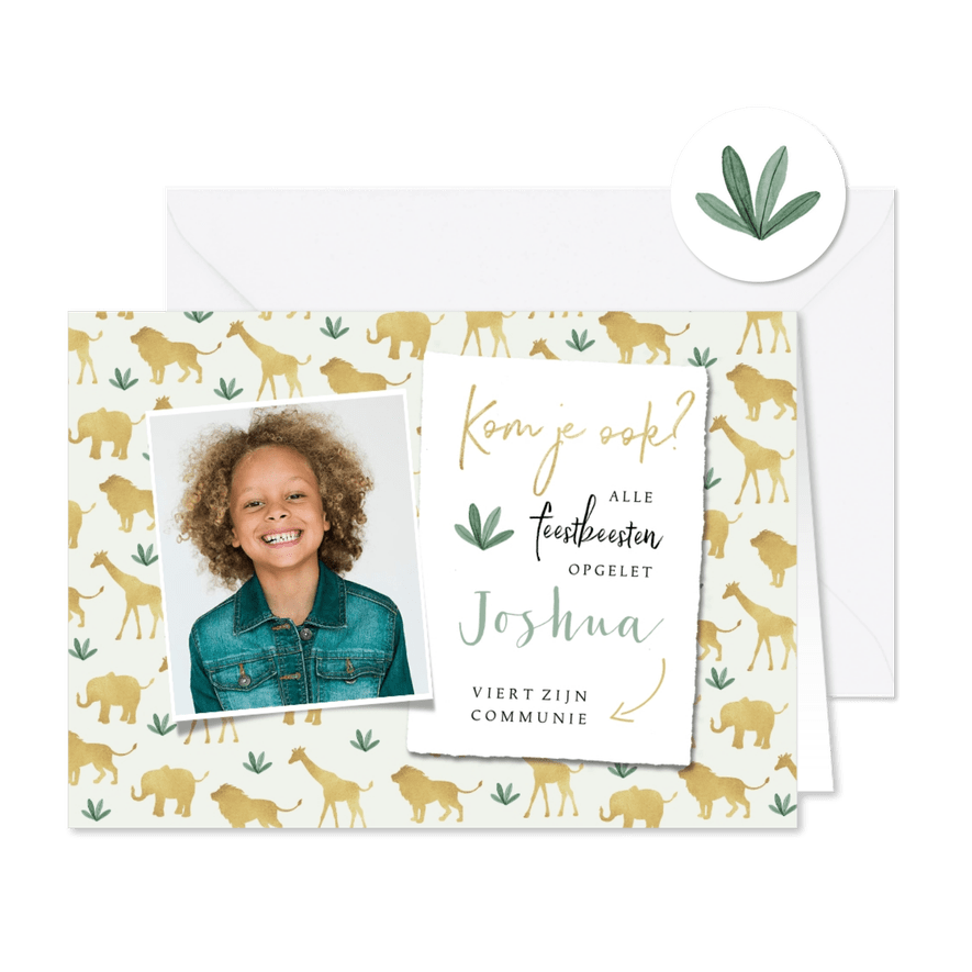 Communiekaart feestbeesten en eigen foto - Kaartimpressie