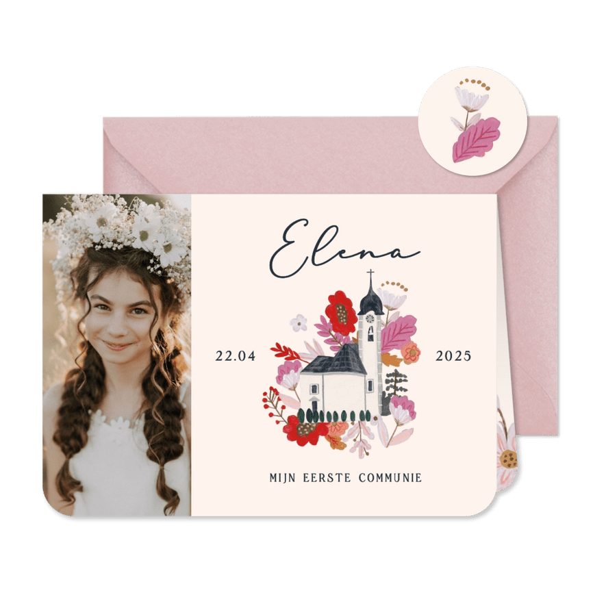 Communiekaart foto met kerk en bloemen - Kaartimpressie