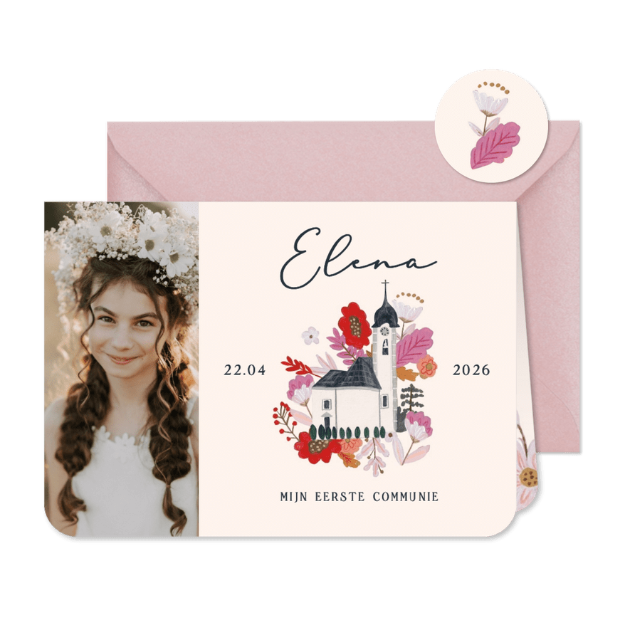 Communiekaart foto met kerk en bloemen - Kaartimpressie