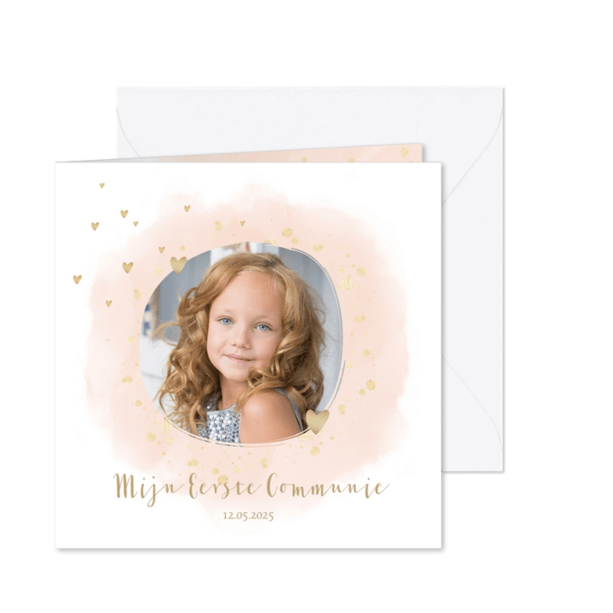 Communiekaart foto waterverf hartjes  - Kaartimpressie