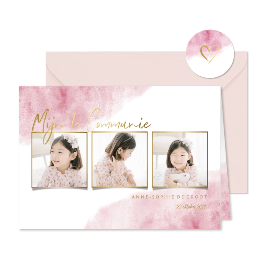 Communiekaart fotocollage goudlook waterverf - Kaartimpressie