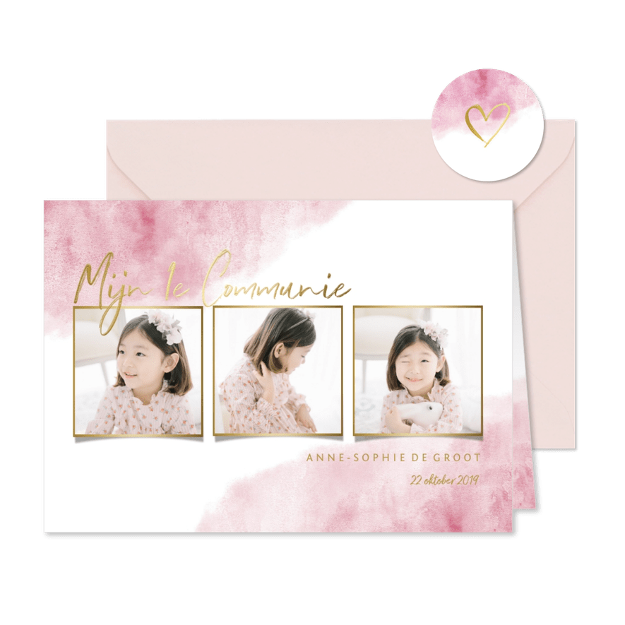 Communiekaart fotocollage goudlook waterverf - Kaartimpressie