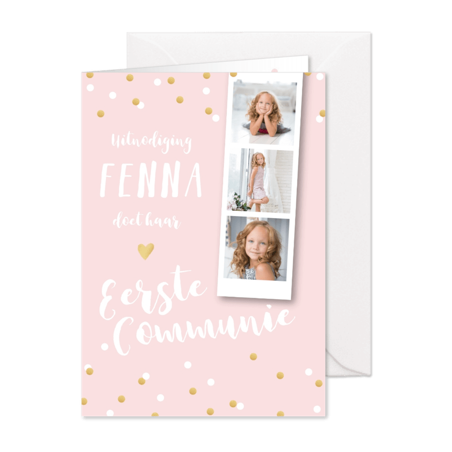 Communiekaart fotostrip confetti pastel  - Kaartimpressie