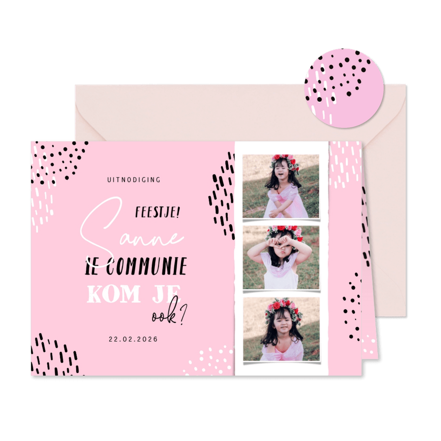 Communiekaart fotostrip met confetti aanpasbaar - Kaartimpressie