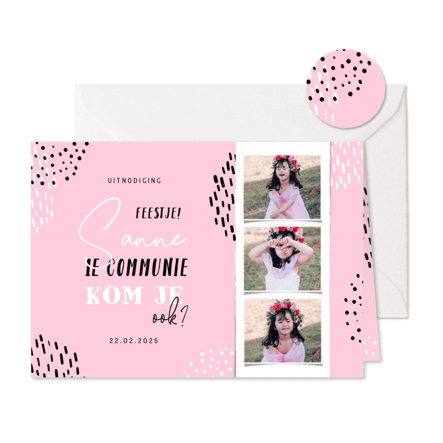 Communiekaart fotostrip met confetti aanpasbaar - Kaartimpressie