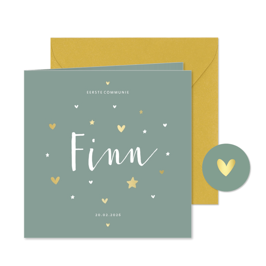 Communiekaart gouden hartjes en sterren aanpasbaar - Kaartimpressie