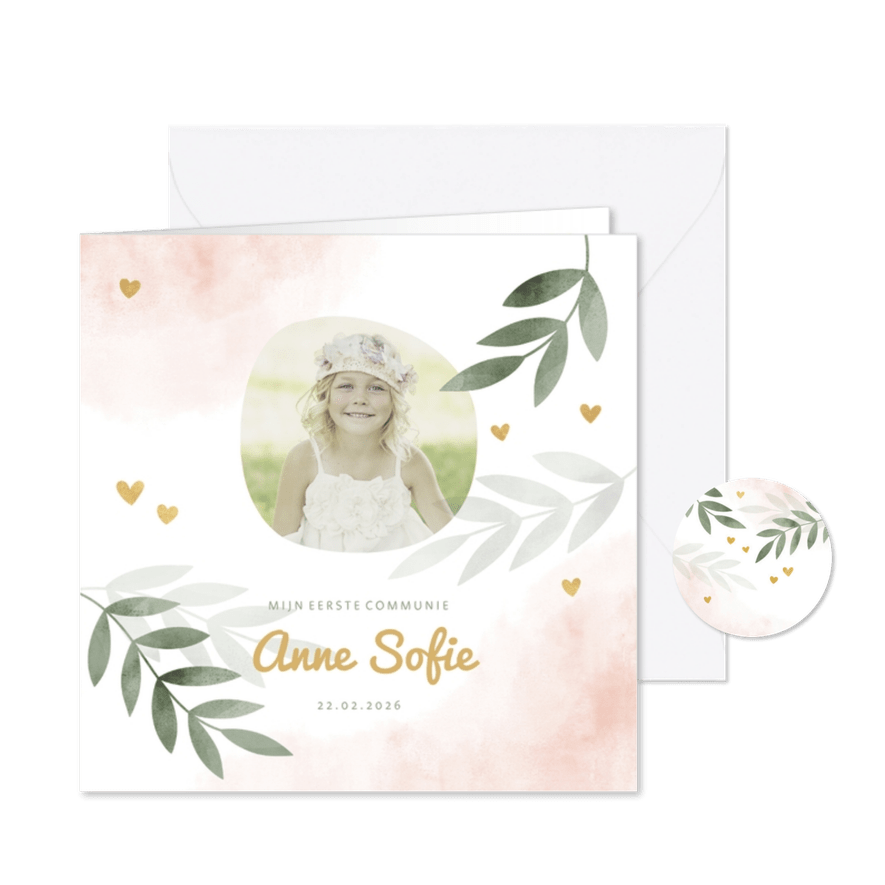 Communiekaart gouden hartjes roze waterverf takjes - Kaartimpressie