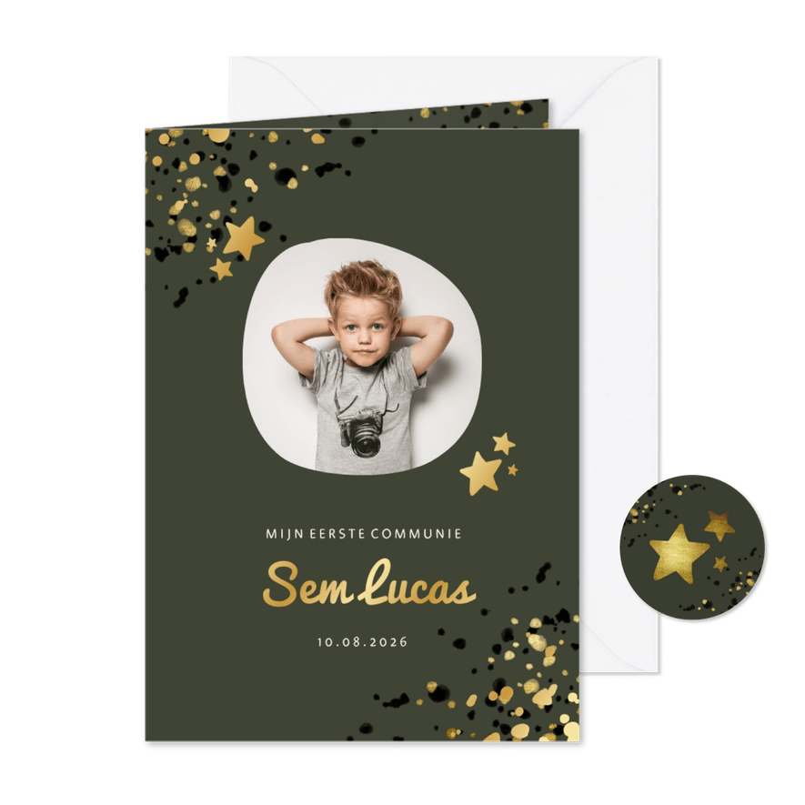 Communiekaart groen met foto, gouden sterren en spetters - Kaartimpressie