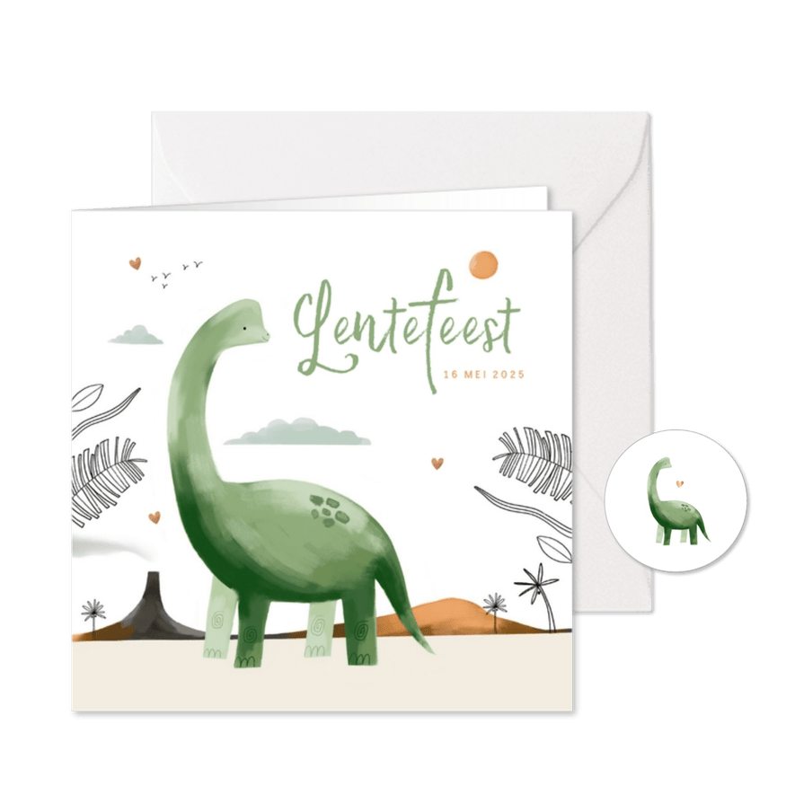 Communiekaart groene brontosaurus jungle hartjes - Kaartimpressie