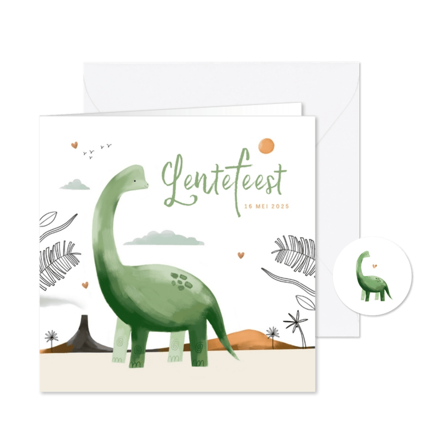 Communiekaart groene brontosaurus jungle hartjes - Kaartimpressie