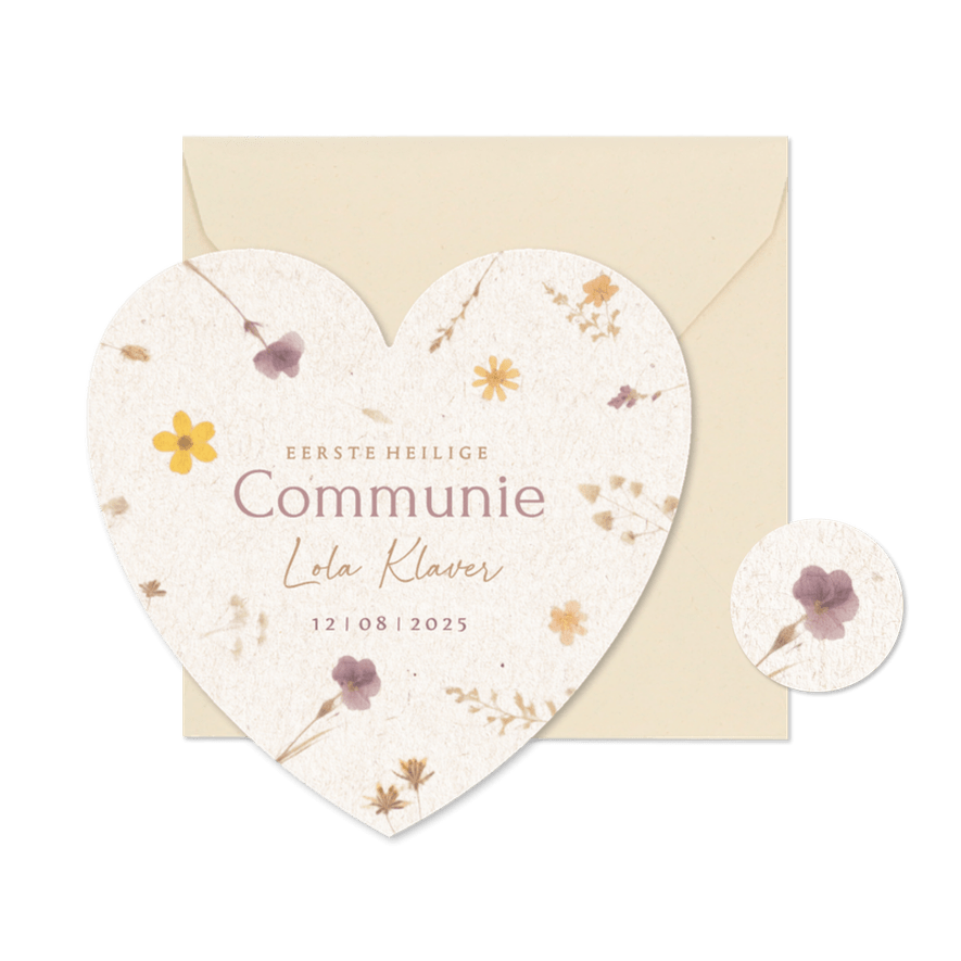 Communiekaart hartjesvorm met droog bloemetjes - Kaartimpressie