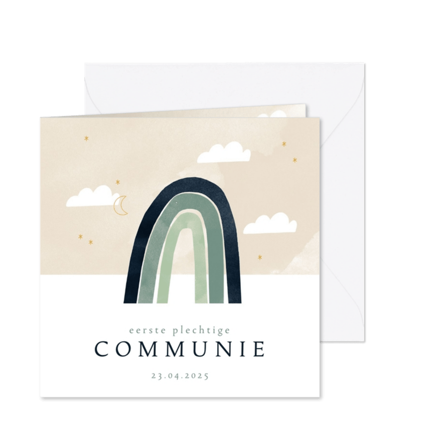 Communiekaart hip regenboog, maantje wolkjes - Kaartimpressie