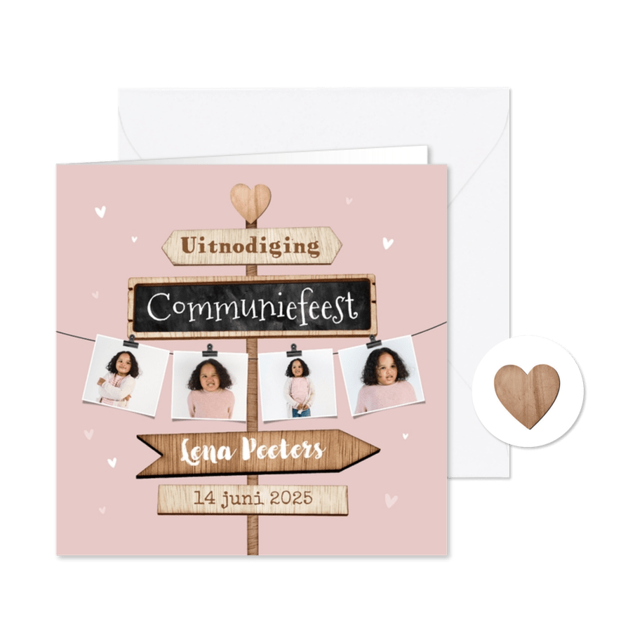Communiekaart houten wegwijzers hartjes foto - Kaartimpressie