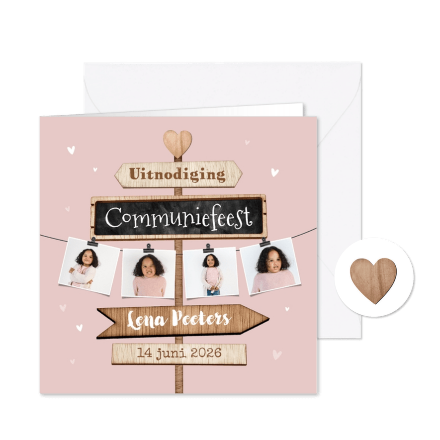 Communiekaart houten wegwijzers hartjes foto - Kaartimpressie