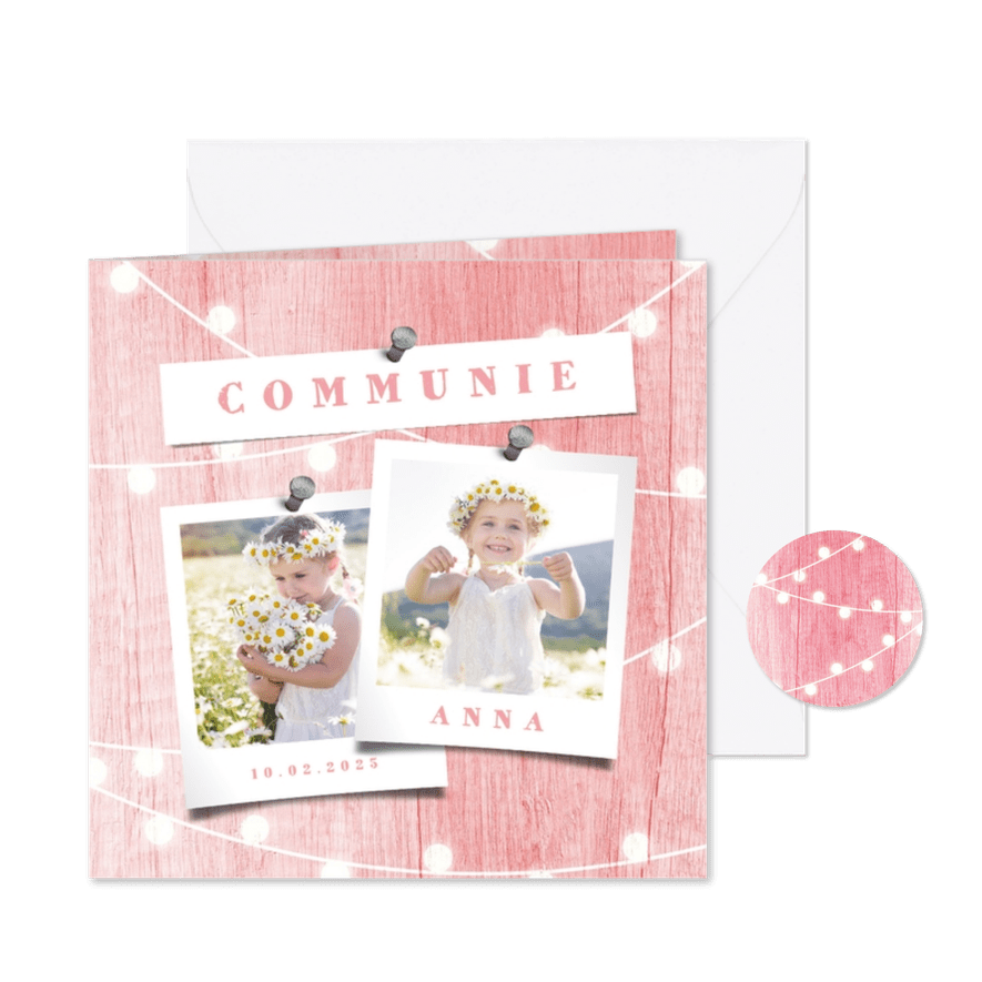 Communiekaart houtlook roze lampjes met foto - Kaartimpressie