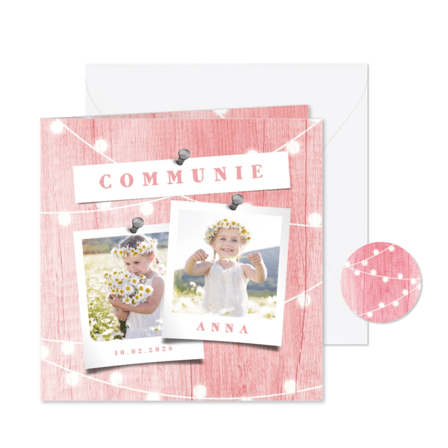 Communiekaart houtlook roze lampjes met foto - Kaartimpressie