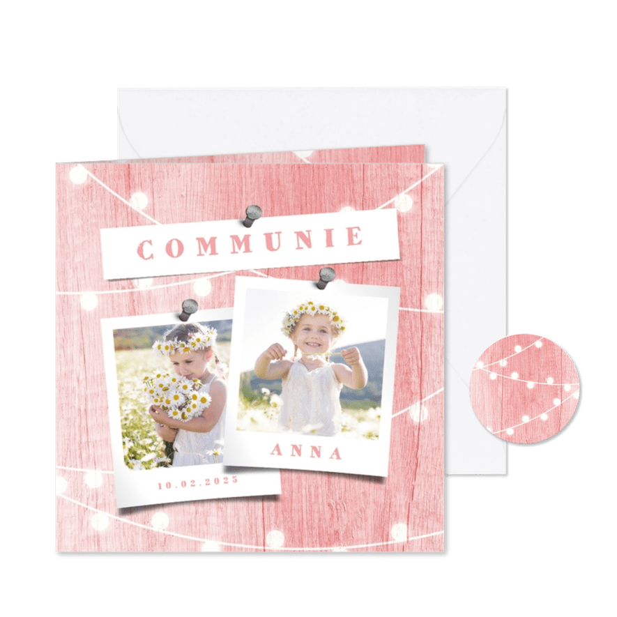 Communiekaart houtlook roze lampjes met foto - Kaartimpressie