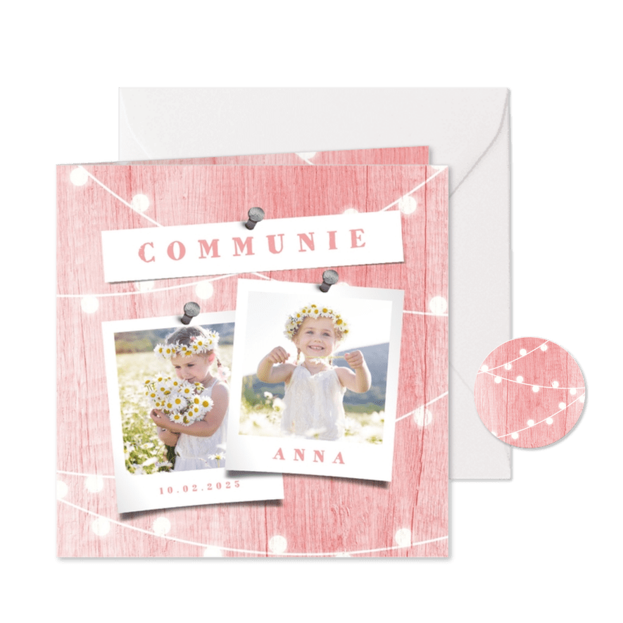 Communiekaart houtlook roze lampjes met foto - Kaartimpressie