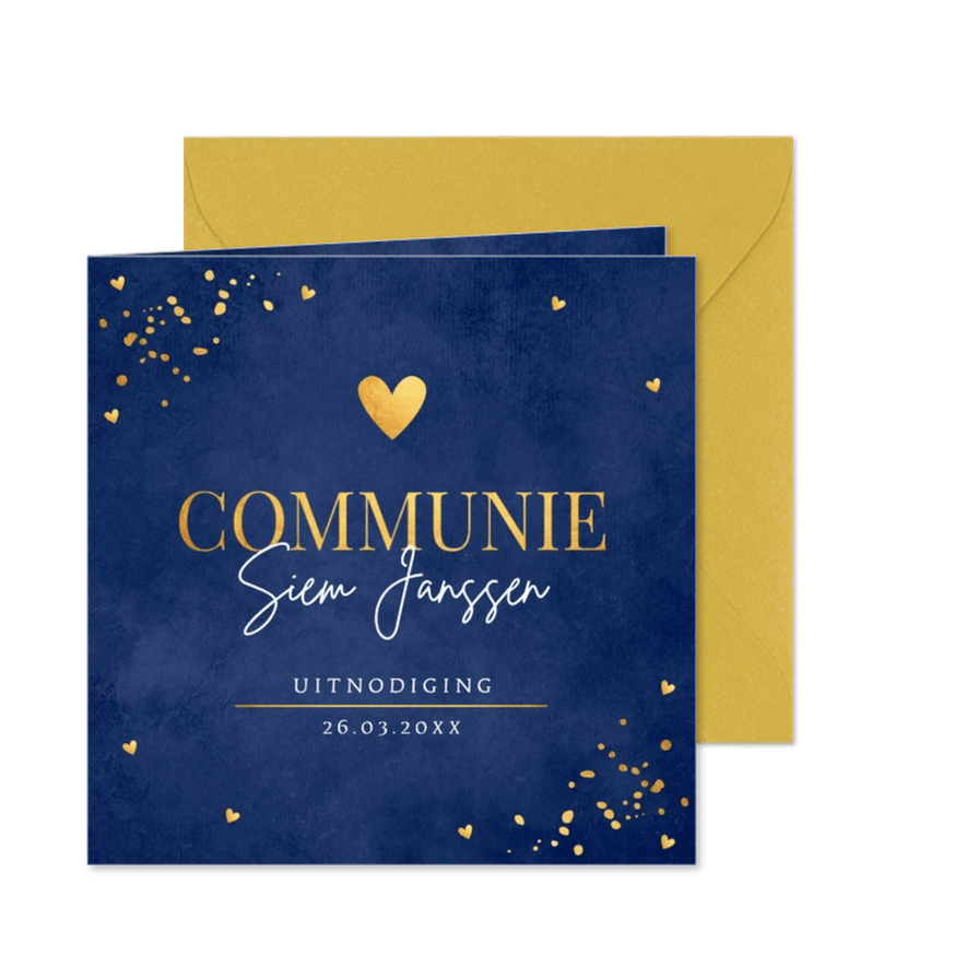 Communiekaart jongen donkerblauw goudlook hartje - Kaartimpressie