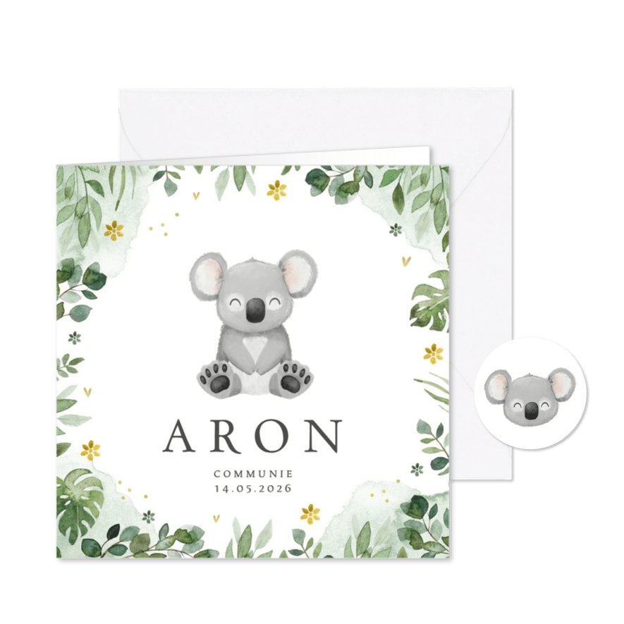 Communiekaart jongen koala jungle bloemen lief - Kaartimpressie