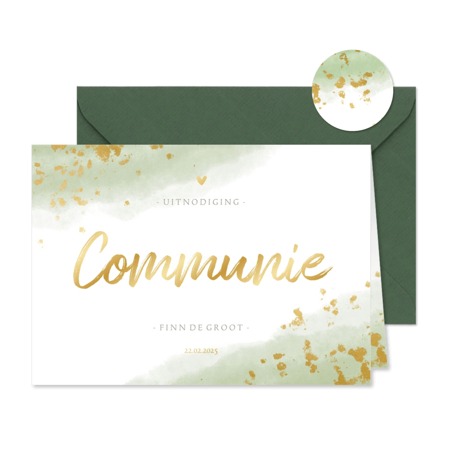 Communiekaart jongen met waterverf en gouden spetters - Kaartimpressie