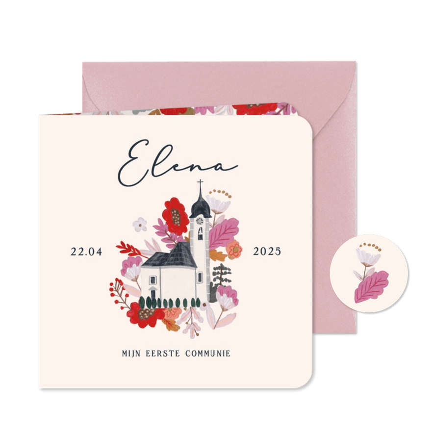Communiekaart kerk en bloemen - Kaartimpressie