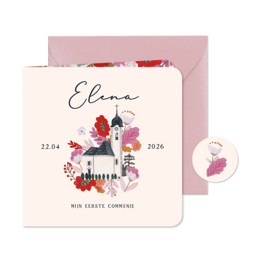 Communiekaart kerk en bloemen - Kaartimpressie