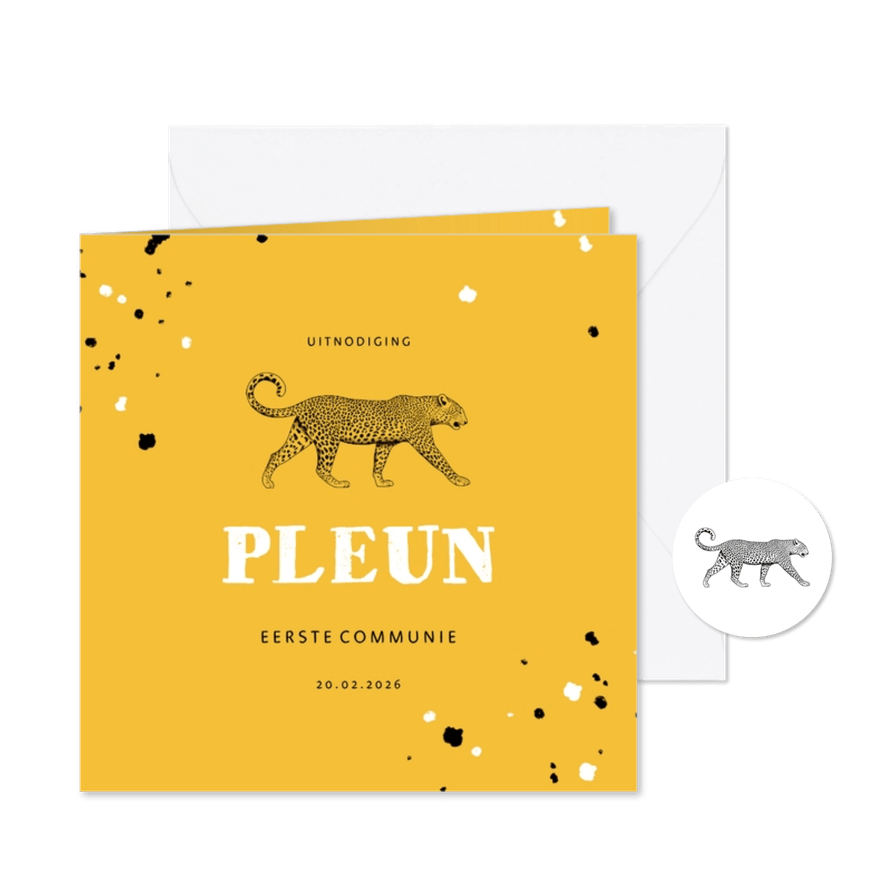 Communiekaart leopard zwart/wit met spetters - Kaartimpressie
