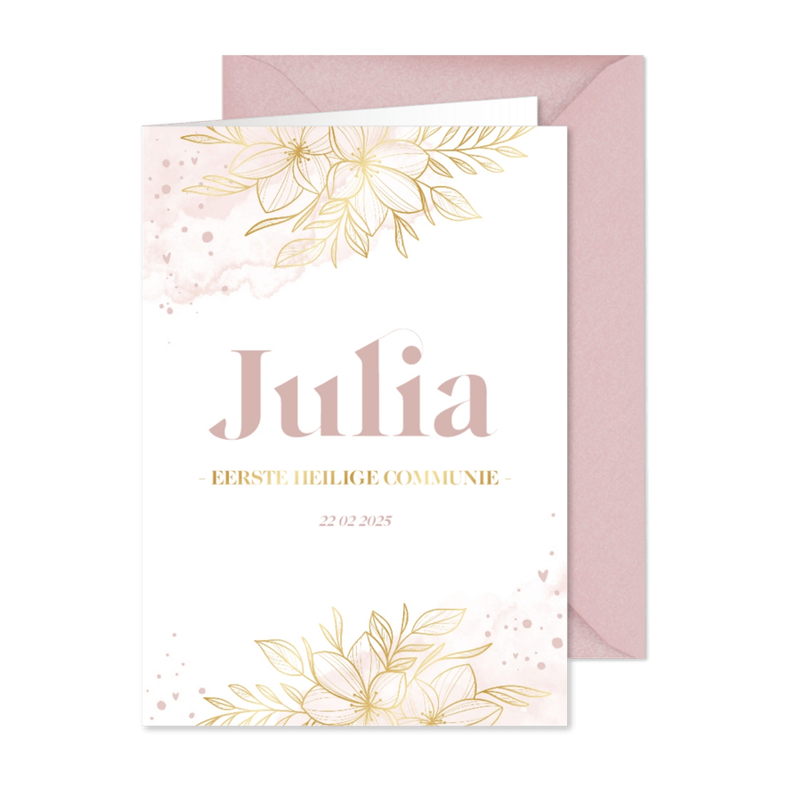 Communiekaart lief gouden bloemen met roze waterverf - Kaartimpressie