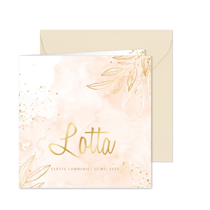 Communiekaart lief roze waterverf met blaadjes - Kaartimpressie