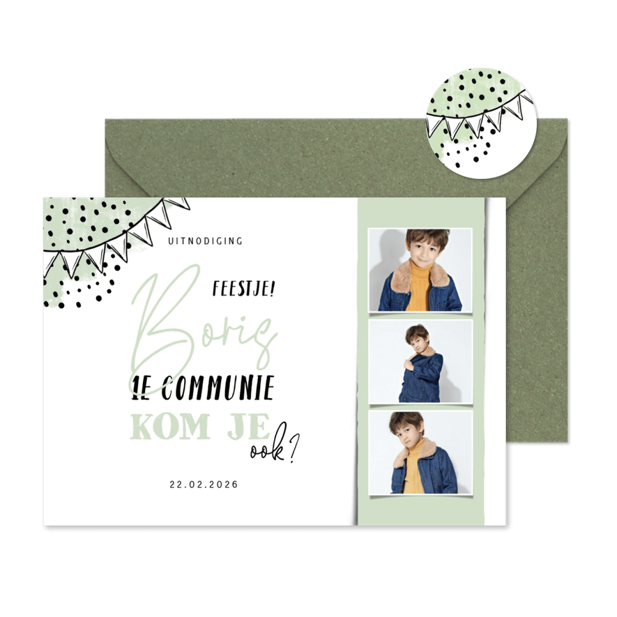 Communiekaart liggend fotostrip met vlaggen en confetti - Kaartimpressie