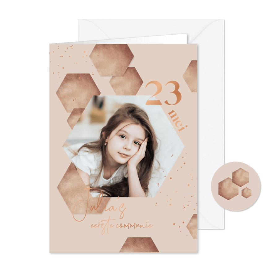 Communiekaart meisje hexagons goud koper foto - Kaartimpressie