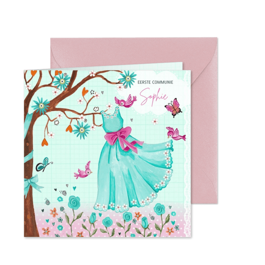 Communiekaart meisje met jurk illustratie - Kaartimpressie