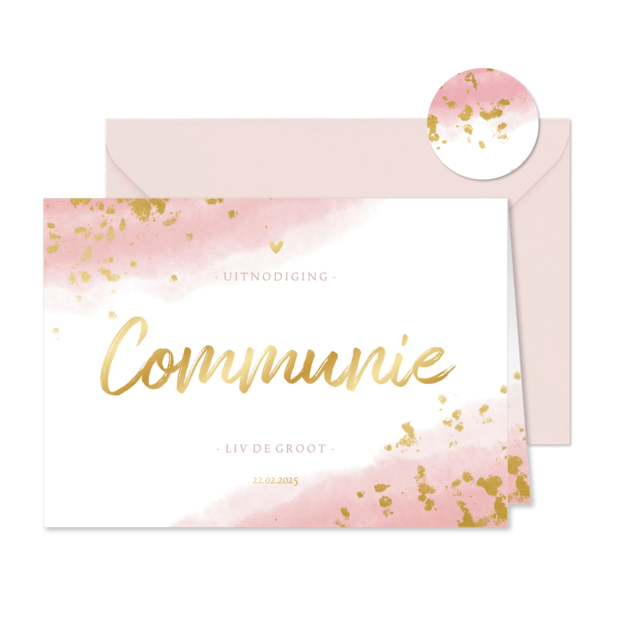 Communiekaart meisje met waterverf en gouden spetters - Kaartimpressie