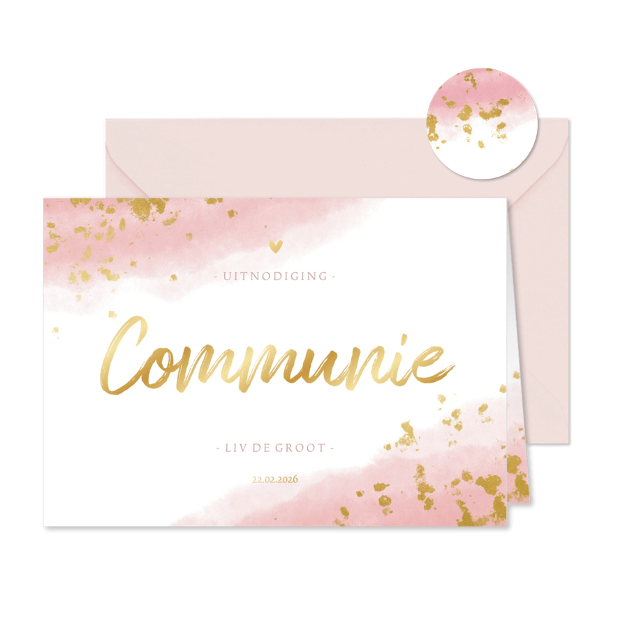 Communiekaart meisje met waterverf en gouden spetters - Kaartimpressie