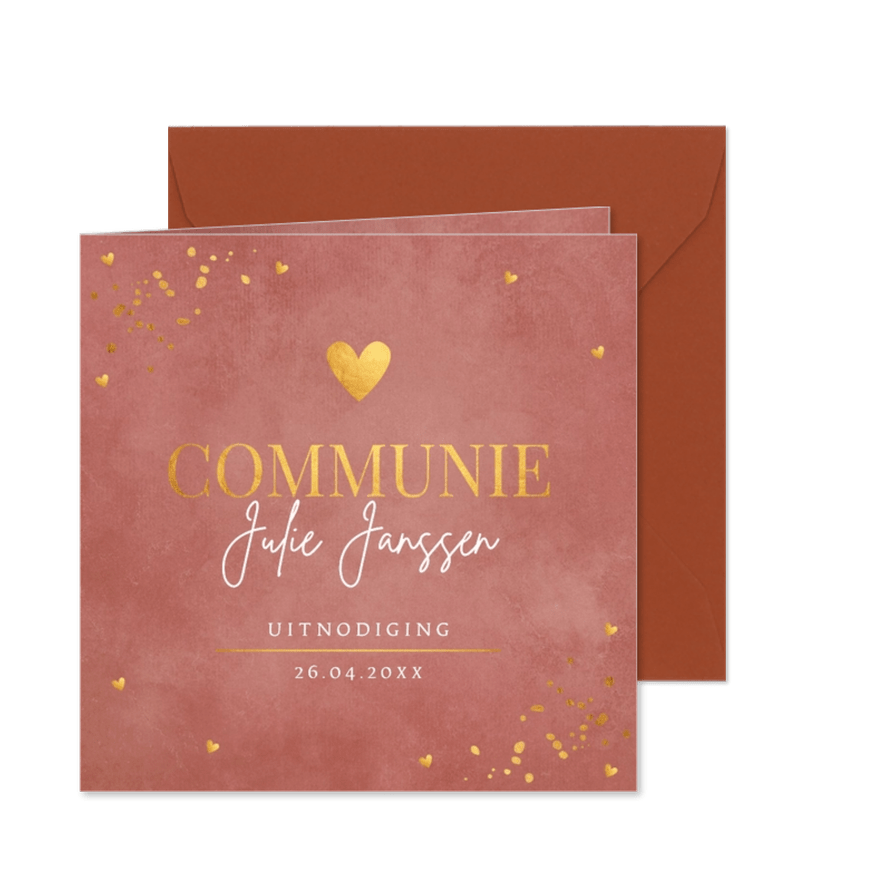 Communiekaart meisje roestbruin terracotta goudlook hartje - Kaartimpressie