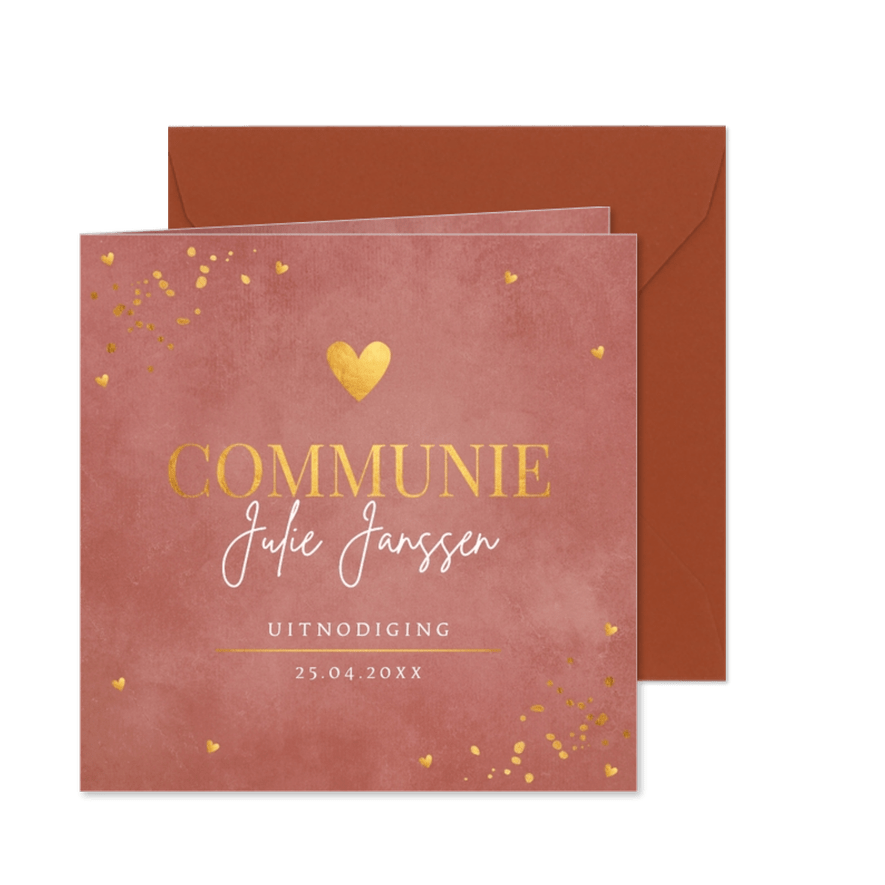 Communiekaart meisje roestbruin terracotta goudlook hartje - Kaartimpressie