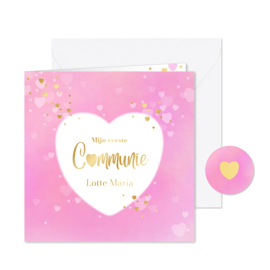 Communiekaart meisje roze met hartjes en goudfolie - Kaartimpressie