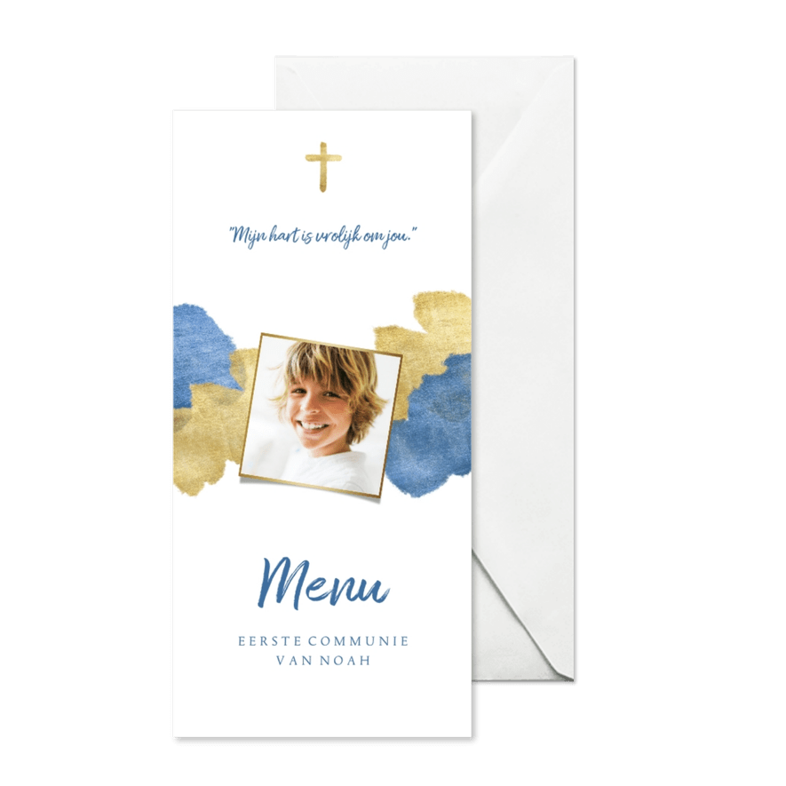 Communiekaart menu blauw aquarel metallic - Kaartimpressie