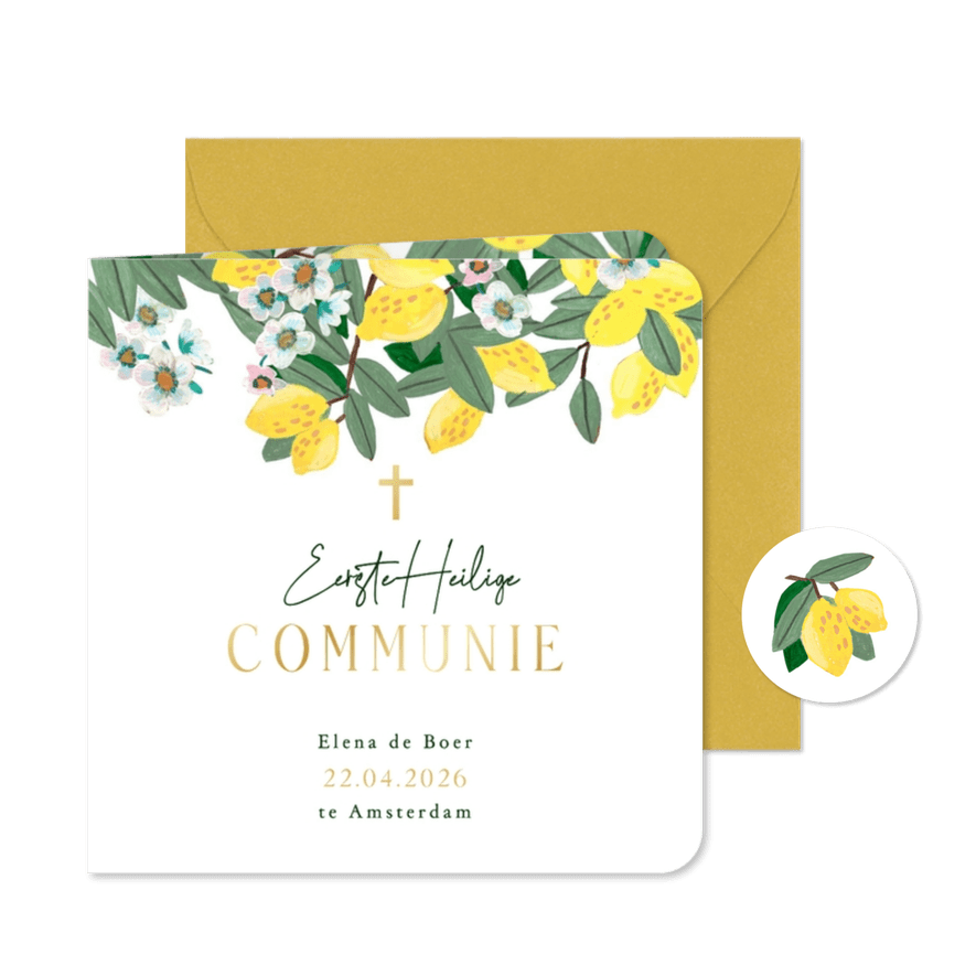 Communiekaart met citroen en bloemen fris - Kaartimpressie